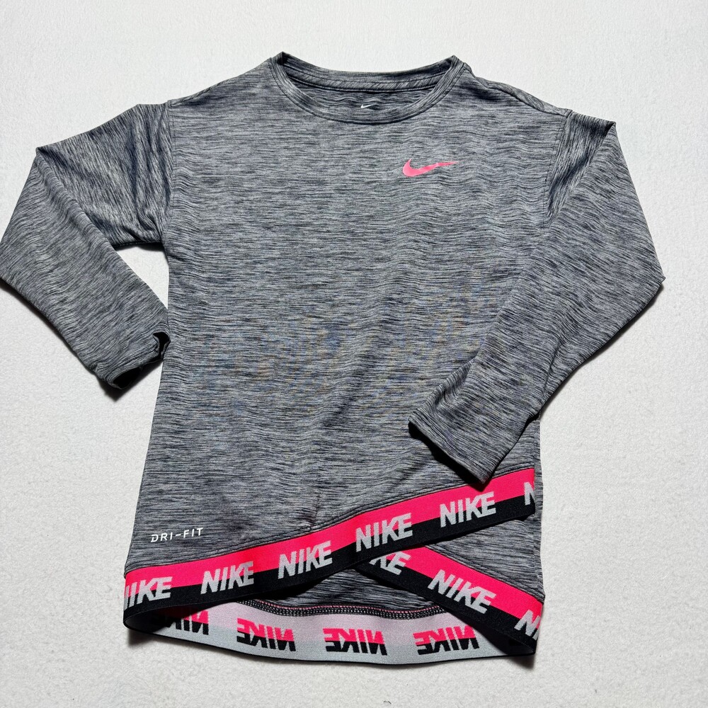 Nike Dri-Fit Girls Long Sleeve Shirt Gray Pink Logo 5-6Y
